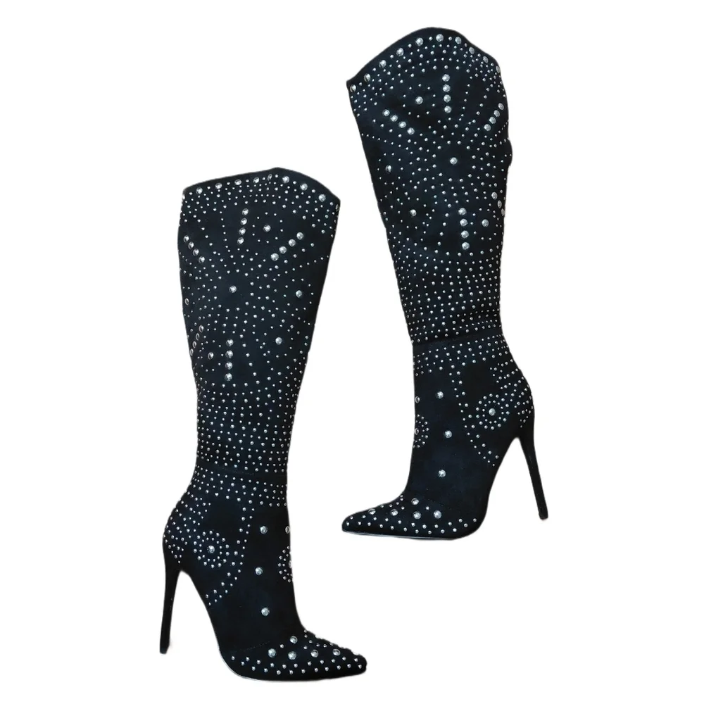 Scene Black Studded Knee-High Stiletto Boots Size 7